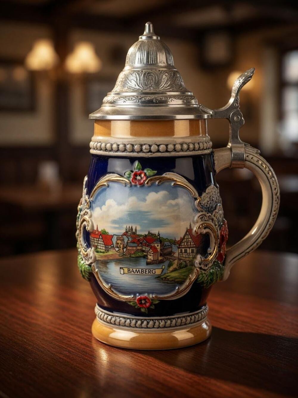 Vintage German Beer Stein Corzelius Hand Painted Bamberg Pewter Lid Alpine